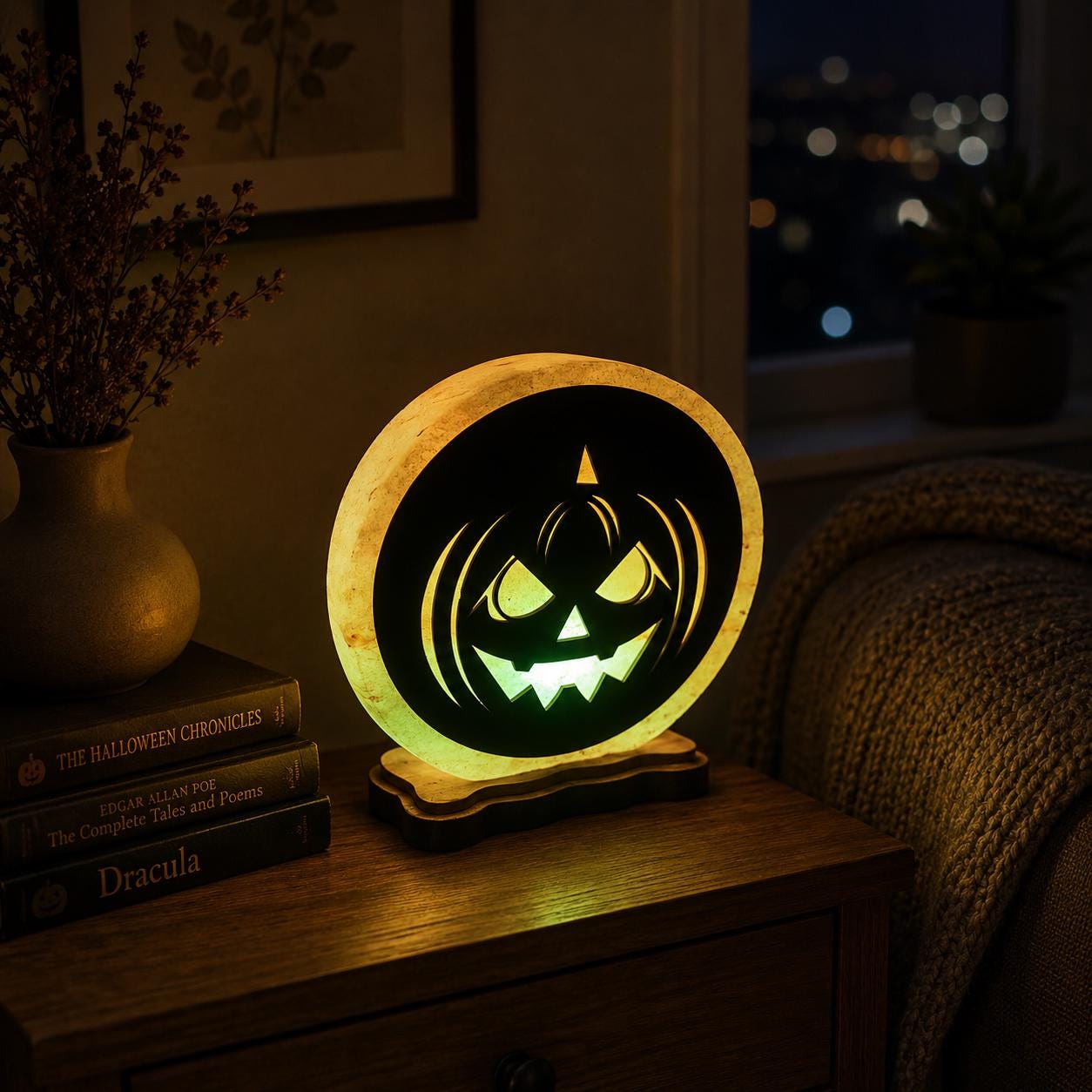 Halloween 3D Himalayan Salt Lamp glowing orange in a decorated space