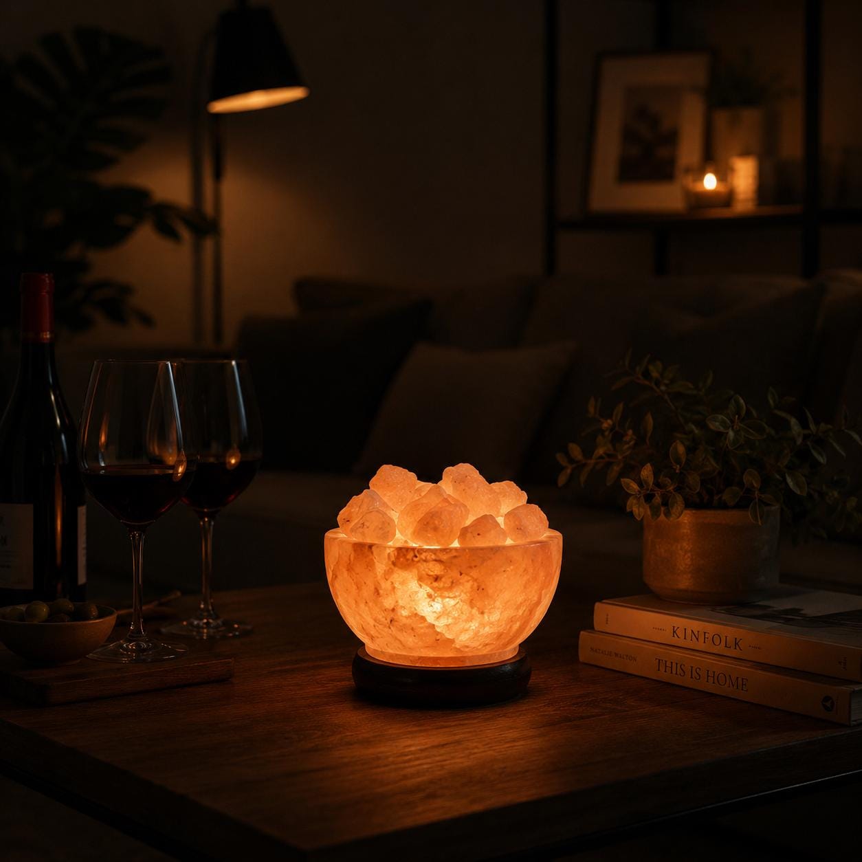 Mini Bowl Himalayan Salt Lamp USB filled with pink salt chunks glowing
