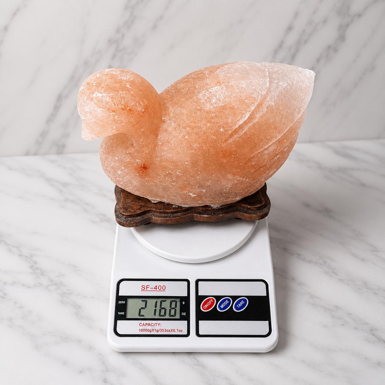 Duck Himalayan Salt Lamp glowing warm pink on a wooden surface
