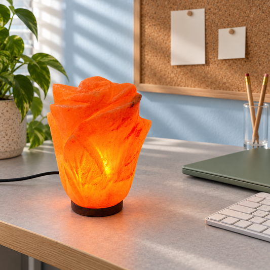 Lotus Himalayan salt lamp on a calm workspace desk