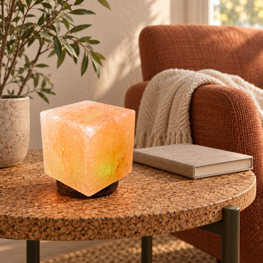 Mini Cube Himalayan salt lamp glowing in a relaxation corner