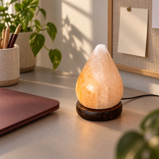 Mini Raindrop Himalayan salt lamp on a workspace desk