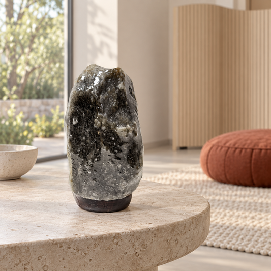 Natural Grey Himalayan salt lamp glowing in a relaxation corner