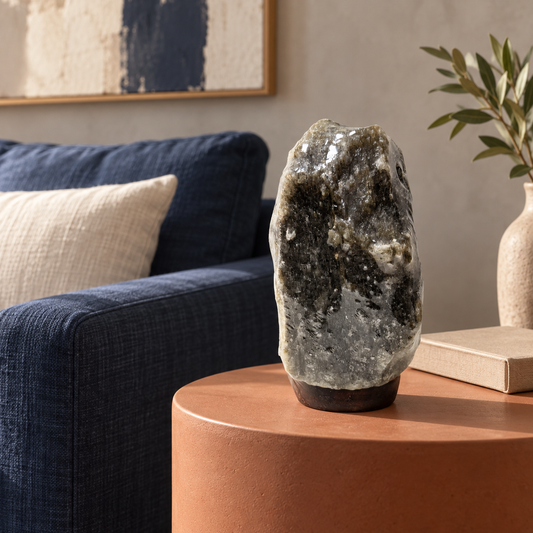 Natural Grey Himalayan salt lamp as warm accent lighting in a living room